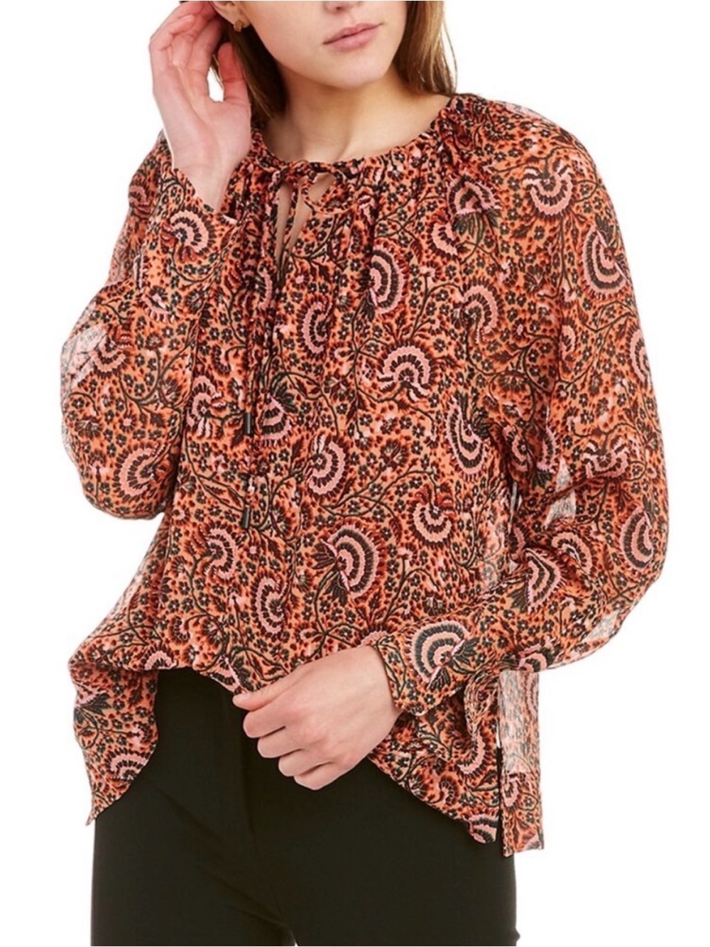 ALC Bryce Orange Paisley Silk Blouse Tie Neck Sz 8 designer luxury peasant boho